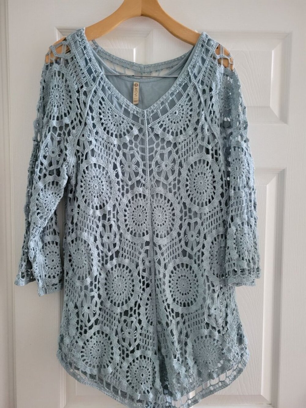XCVI Teal Blue Cotton Crochet Lace Tunic top size Small Lined Boho Lagenlook